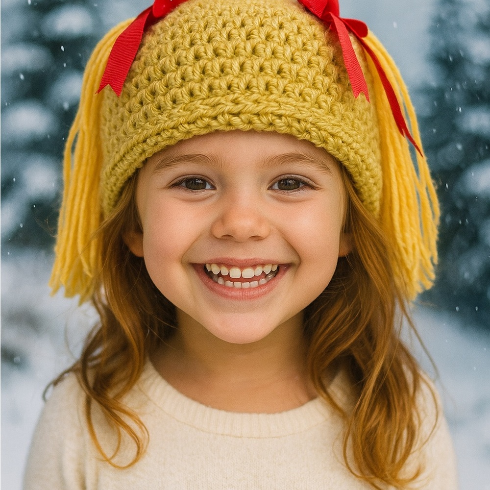 Yellow Crochet Hat with Red Bows for child